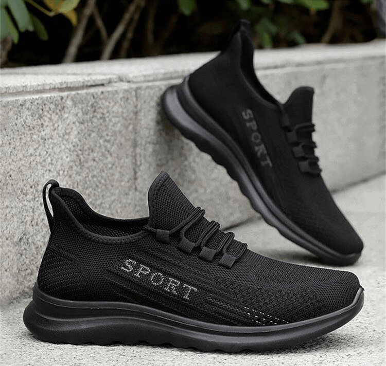 Stylish breathable elastic lace-up men's sneakers SF0980 with mesh upper and PU insole, perfect for comfort and style in black.